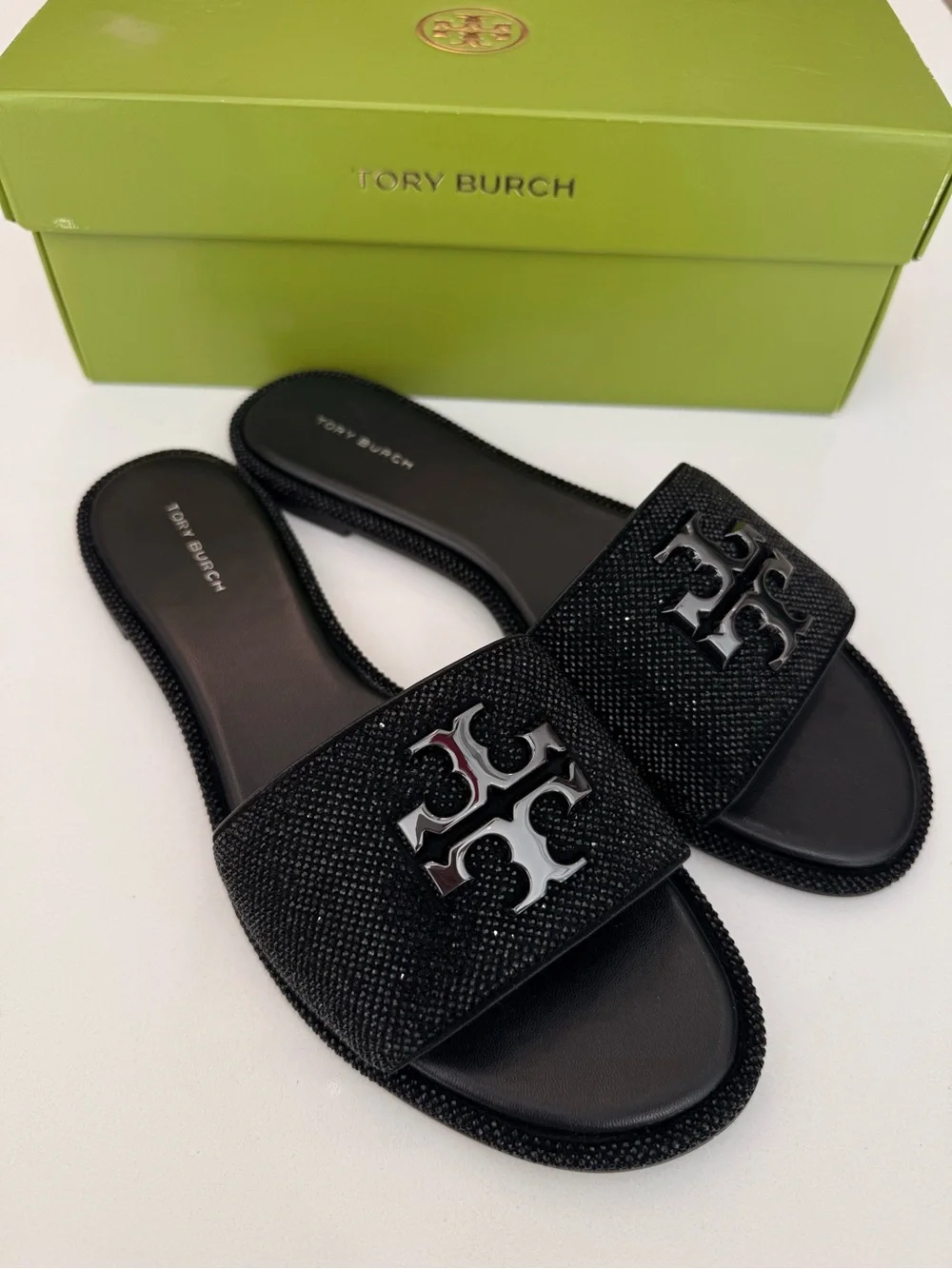 Tory Burch Everly Crystal Slide Sandals Black Women’s RUNS SMALL Size 9
